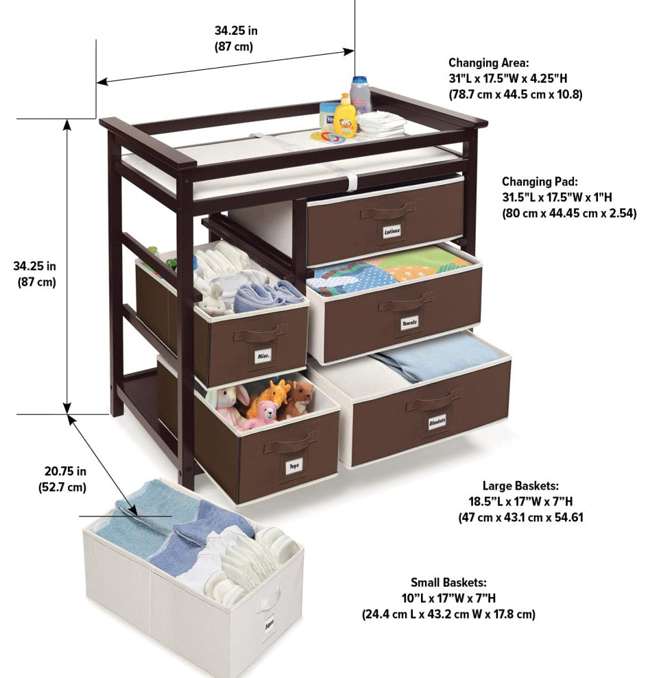 Modern Baby Changing Table with 6 Storage Baskets and Pad, Espresso