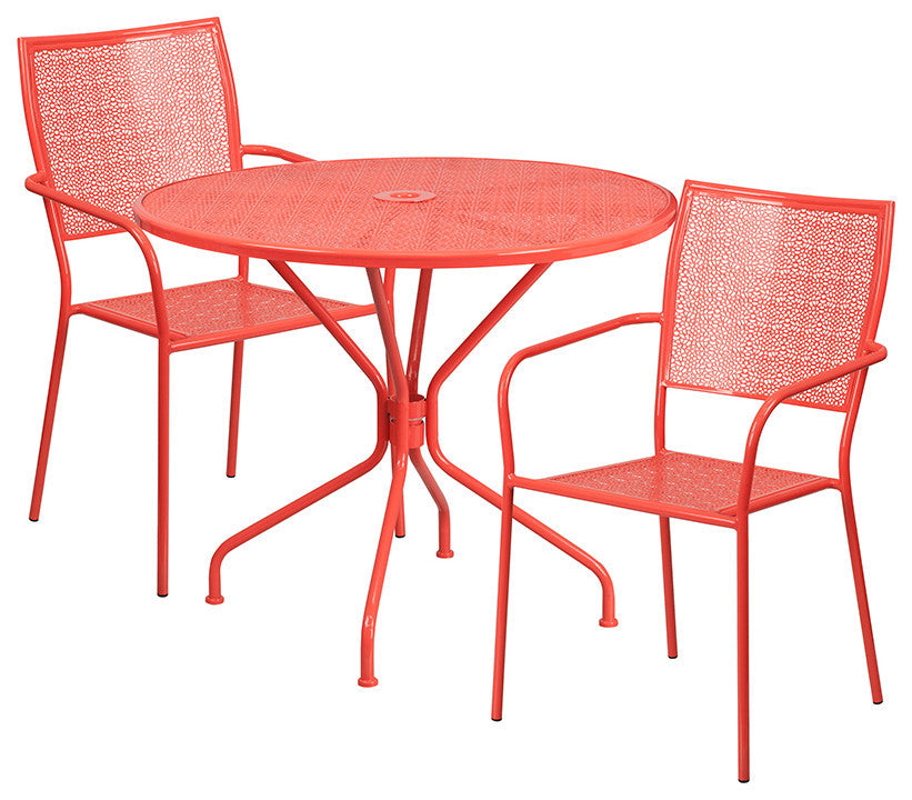35.25'' Round Indoor-Outdoor Steel Patio Table and 2 Square Back Chairs, Coral