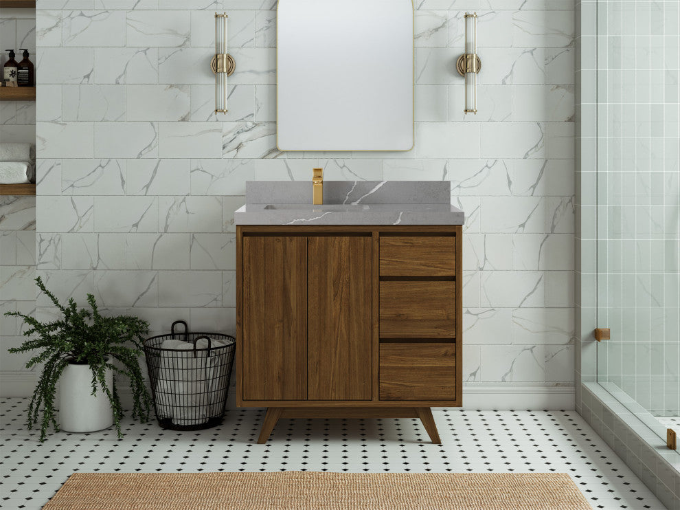 Madison Teak 36 Left Offset Bath Vanity in Dark Natural 2" Piatra Gray