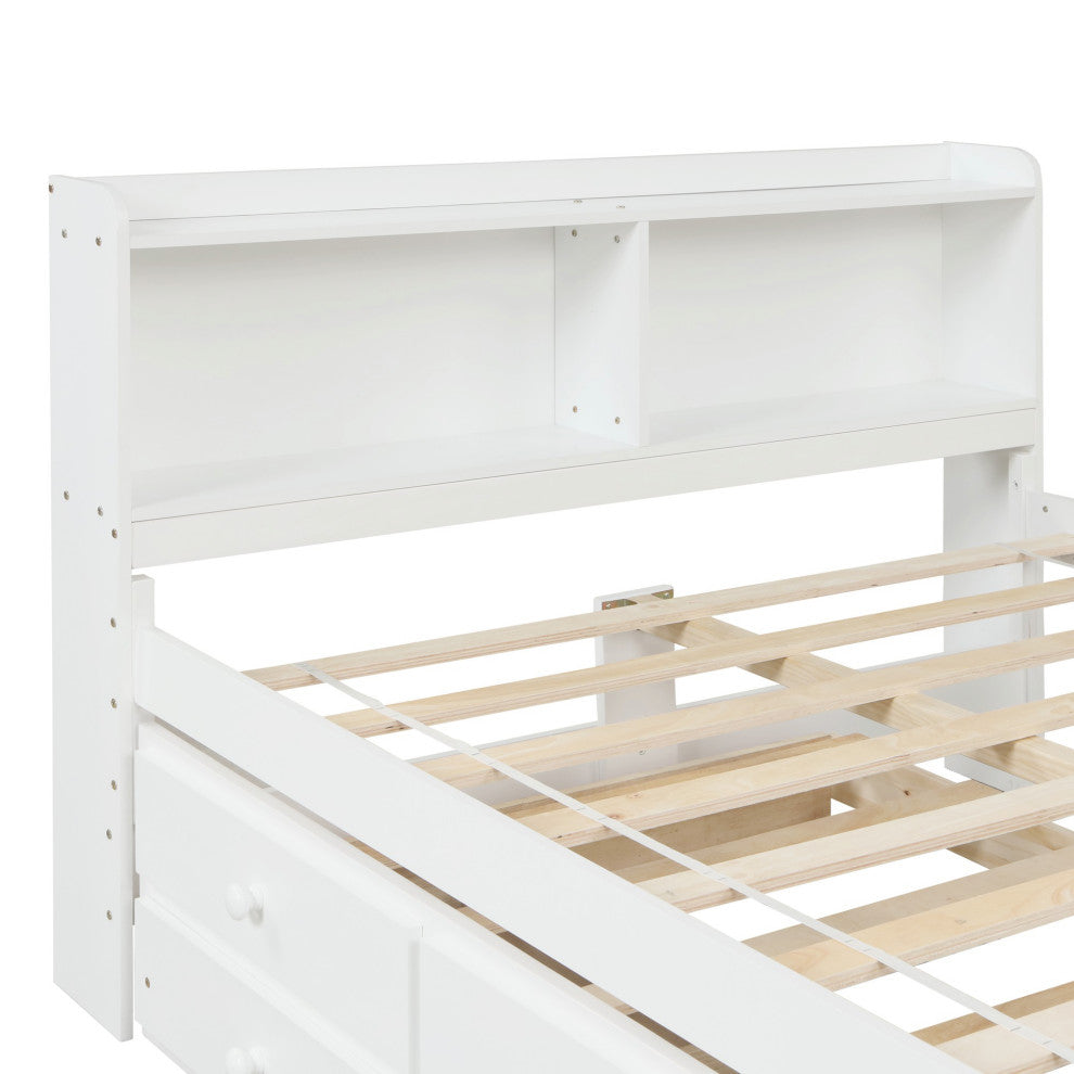 Full/Twin Wood Frame Platform Bed with Trundle and Drawers, White, Full