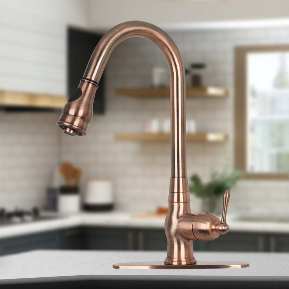 Pull Down Kitchen Faucet With Deck Plate, Single Level Solid Brass Sink Faucets,