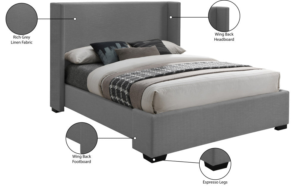Oxford Linen Textured Fabric Upholstered Bed, Gray, Queen