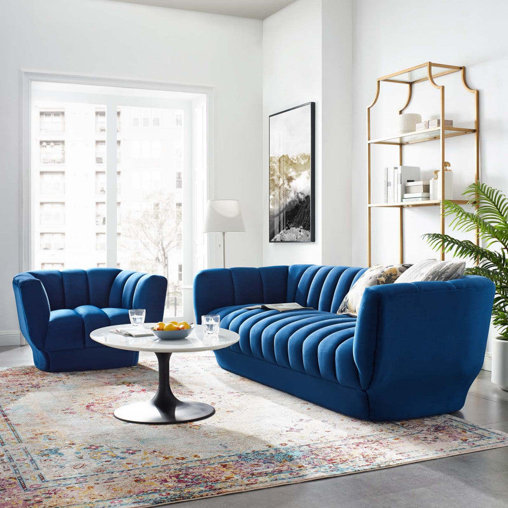Tufted Armchair and Sofa Set, Velvet, Blue Navy, Modern, Lounge Hospitality