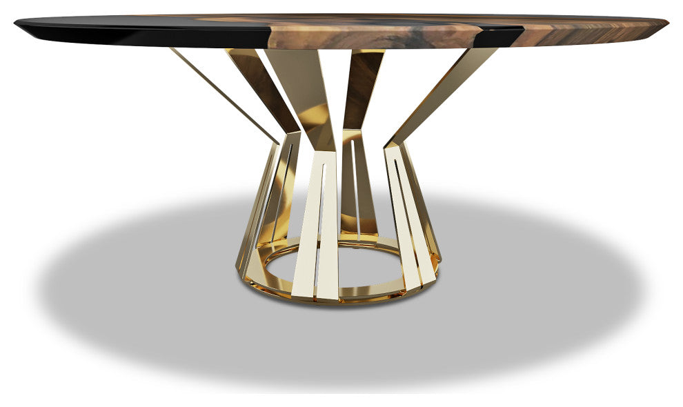 Atalante Walnut Round Table, Black Top & Gold Base, 10 Seater