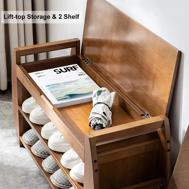40.2" Rustic Bamboo Upholstered Entryway Flip Top Storage 3-Tier Shoe Bench Rack