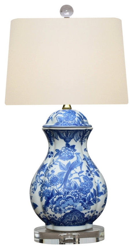Blue and White Bird Motif Porcelain Lamp, 22"