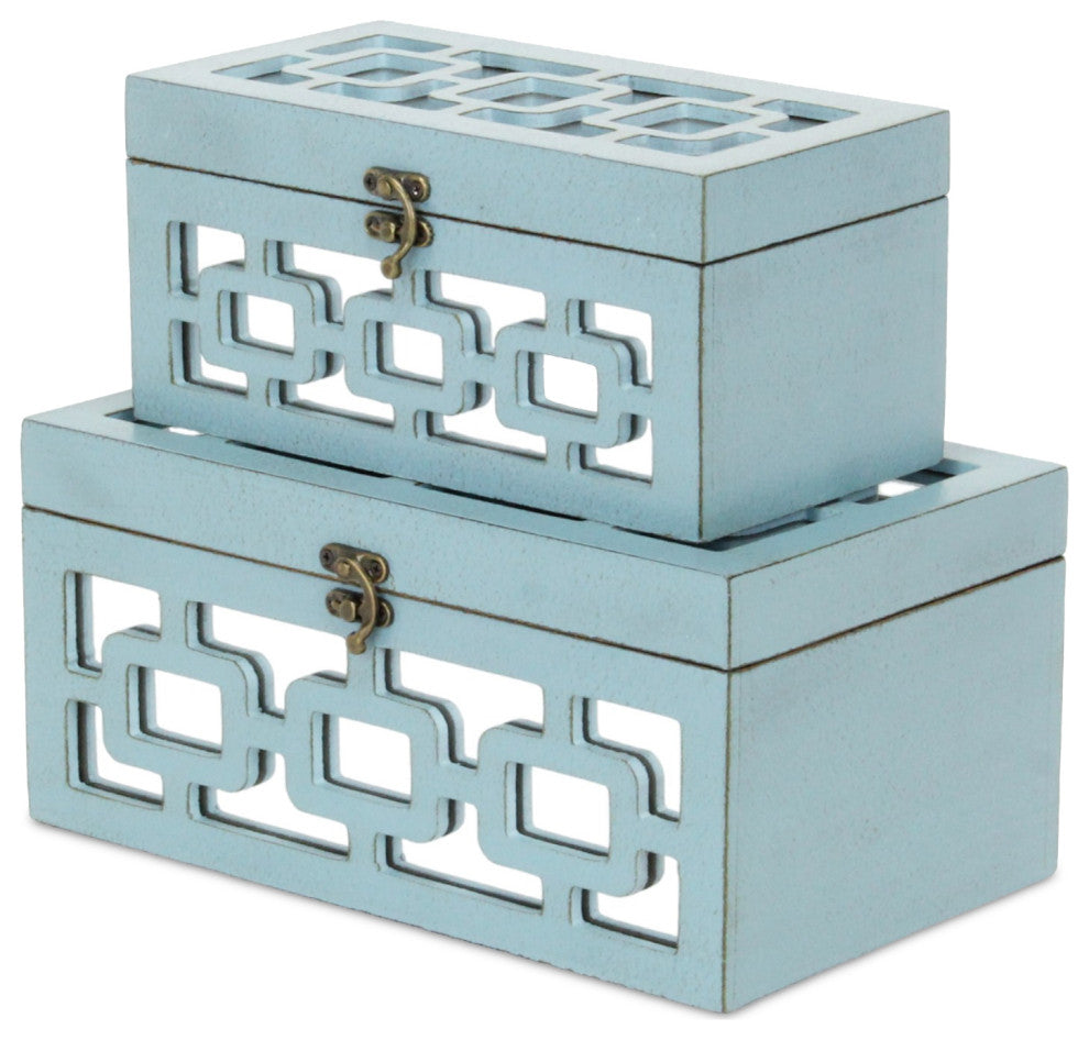 Distressed Mirror Keepsake Boxes, Black, Set of 2, Blue