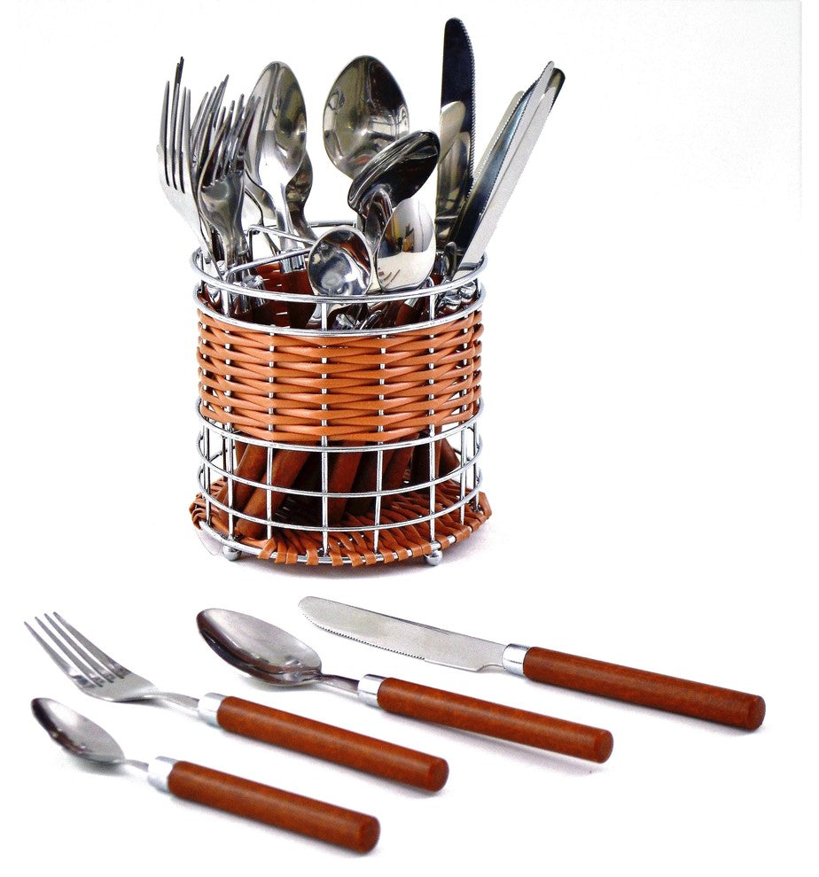Flatware Set of Stainless Steel with Wood Finish Design Handles and Round Caddy