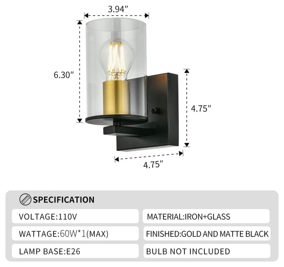 Matte black vanity wall light fixture industrial glass wall lamp