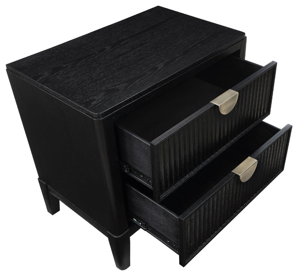 2 Drawers Wooden Nightstand With Demi-lune Metal Handles, Black