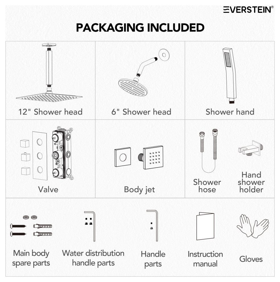 Thermostatic Dual Heads 12" Rainfall Shower System With 3 Body Jets, Matte Black