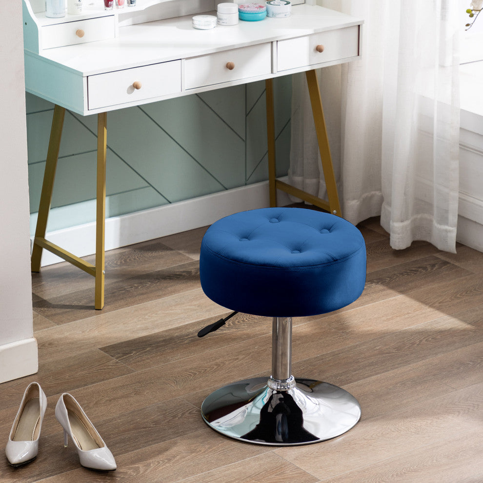 Round Swivel Velvet Vanity Stool, Dark Blue, Standard
