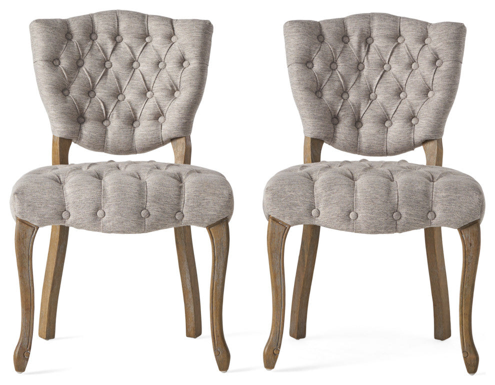 Case Tufted Dining Chair With Cabriole Legs, Set of 2, Light Gray, Brown Wash Finish
