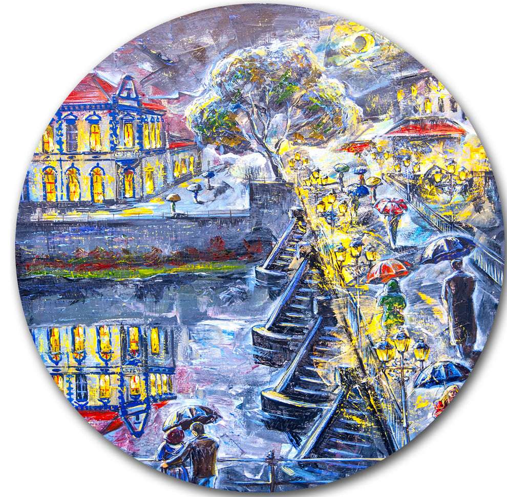 City At Night Graphics Art, Cityscape Disc Metal Artwork, 11"