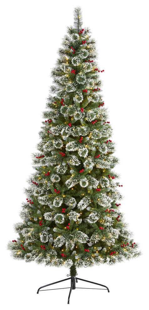8' Frosted Swiss Pine Faux Christmas Tree With 550 Clear LED Lights and Berries