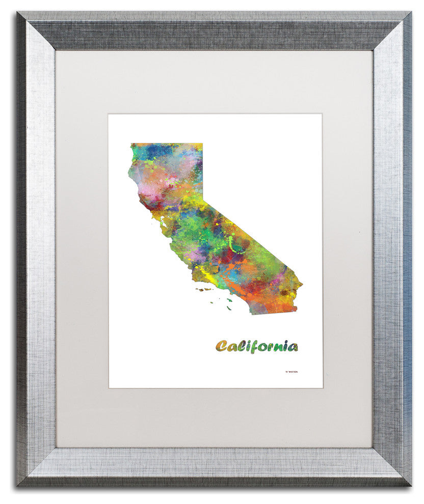 Marlene Watson 'California State Map-1' Art, Silver Frame, 16"x20", White Matte
