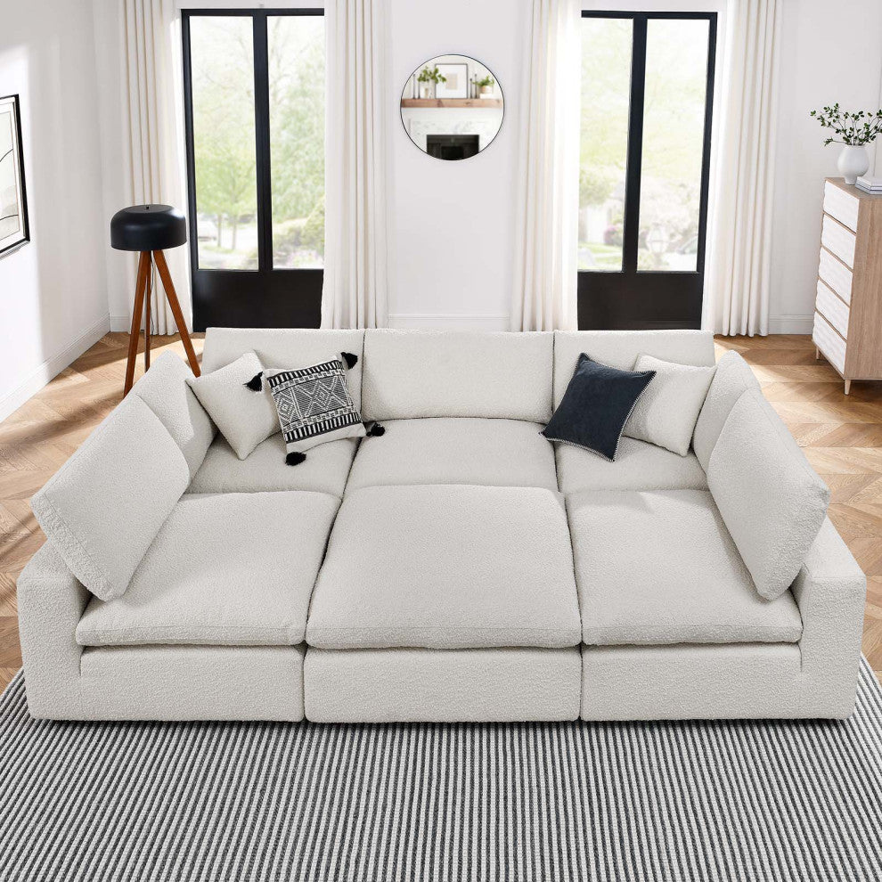 Commix Down Filled Overstuffed Boucle Fabric 6-Piece Sectional Sofa, Ivory