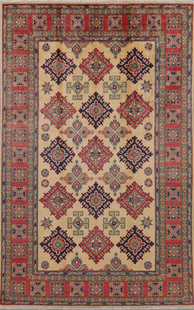 Kazak Handmade Oriental Pakistani Traditional Area Rug, Beige, 9'4"x5'10