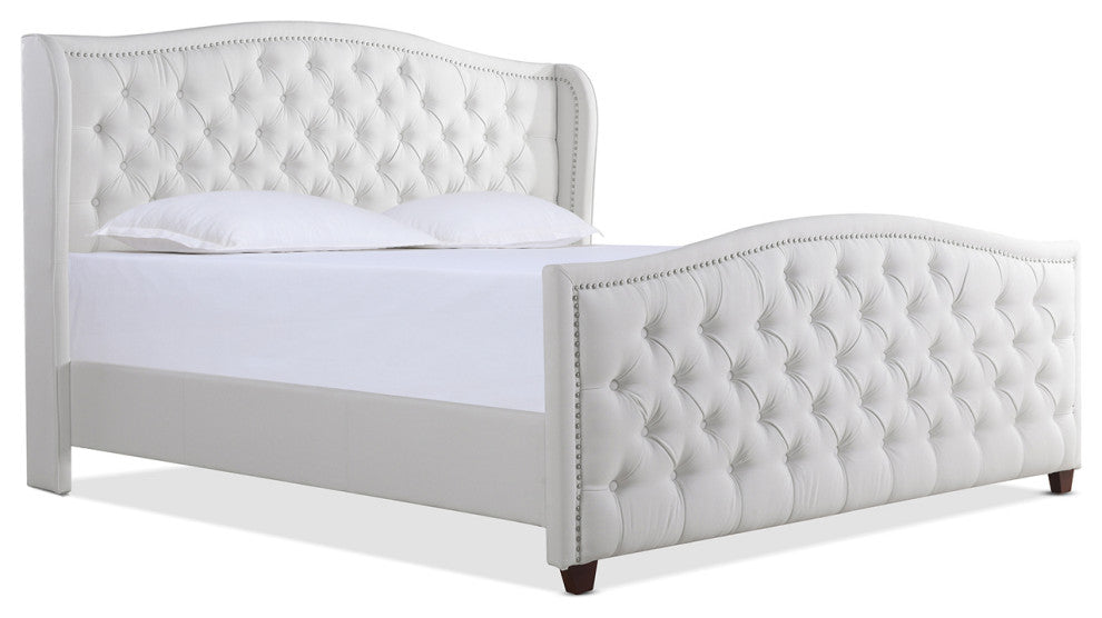 Marcella Upholstered Tufted Shelter Wingback Panel Bed, Bright White Polyester, King