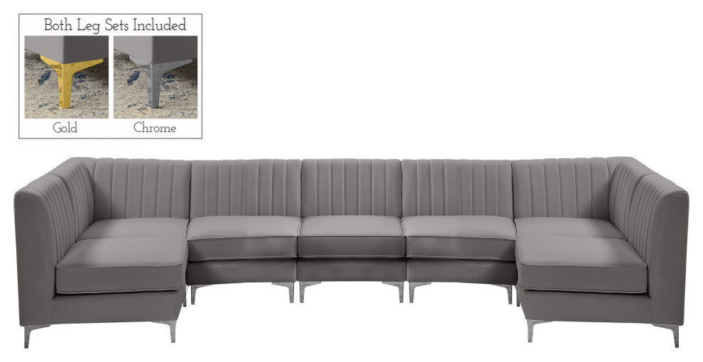 Alina Velvet Modular U-Shaped Sectional, Grey, 7-Piece: 5 Armless Chair, 2 Corner Chair