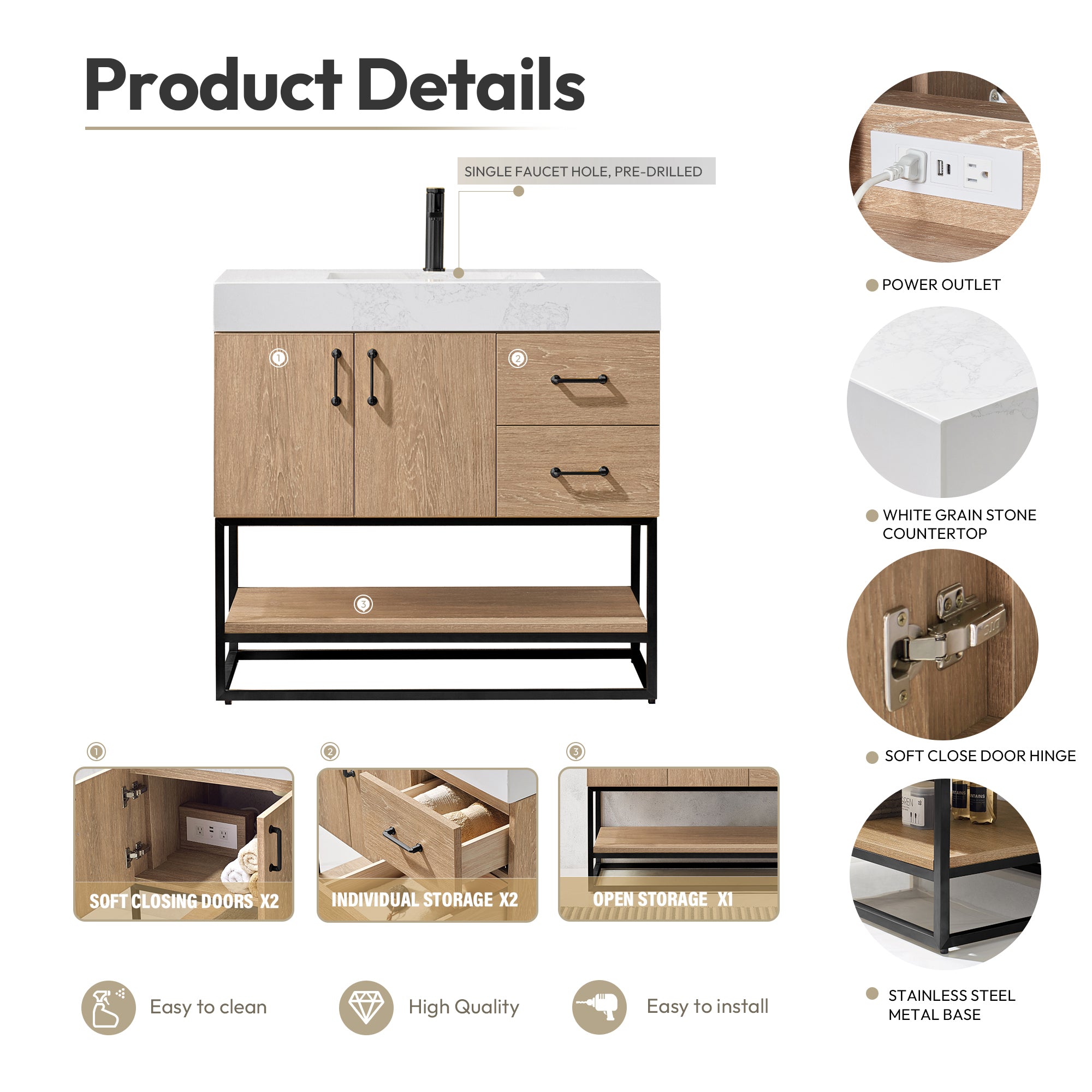 Alistair Vanity, North American Oak, Matte Black Hardware, 36", With Mirror