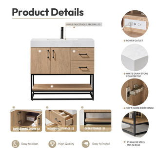 Alistair Vanity, North American Oak, Matte Black Hardware, 36", With Mirror