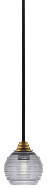 Paramount 1-Light Mini Pendant, Matte Black & Brass, 6" Smoke Ribbed Glass