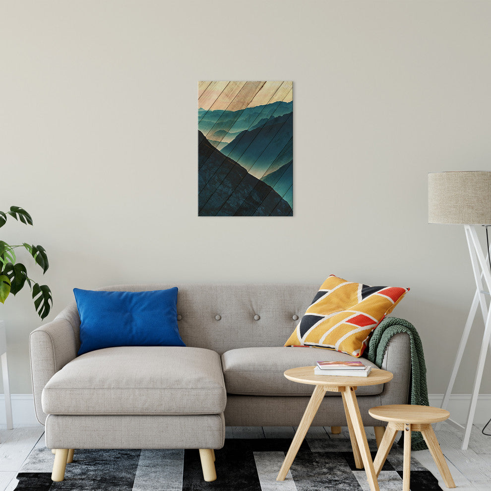 Faux Wood Misty Blue Silhouette Mountains Landscape Canvas Art Print, 18" X 24"