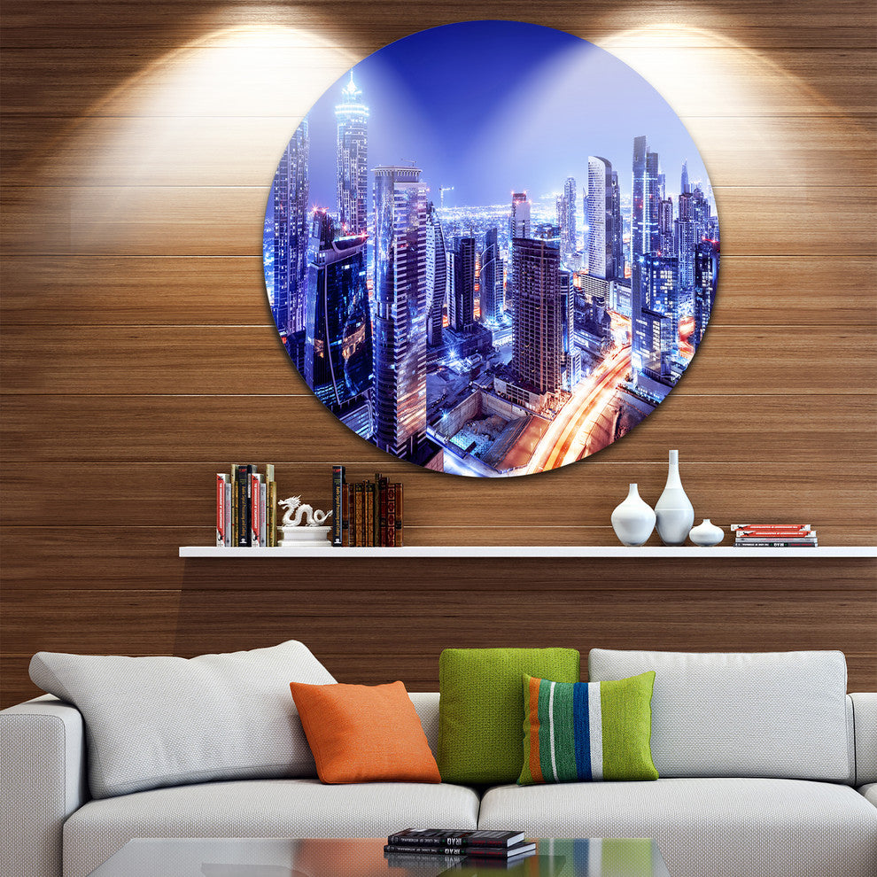 Dubai Downtown Night Scene, Cityscape Photo Round Metal Wall Art, 36"