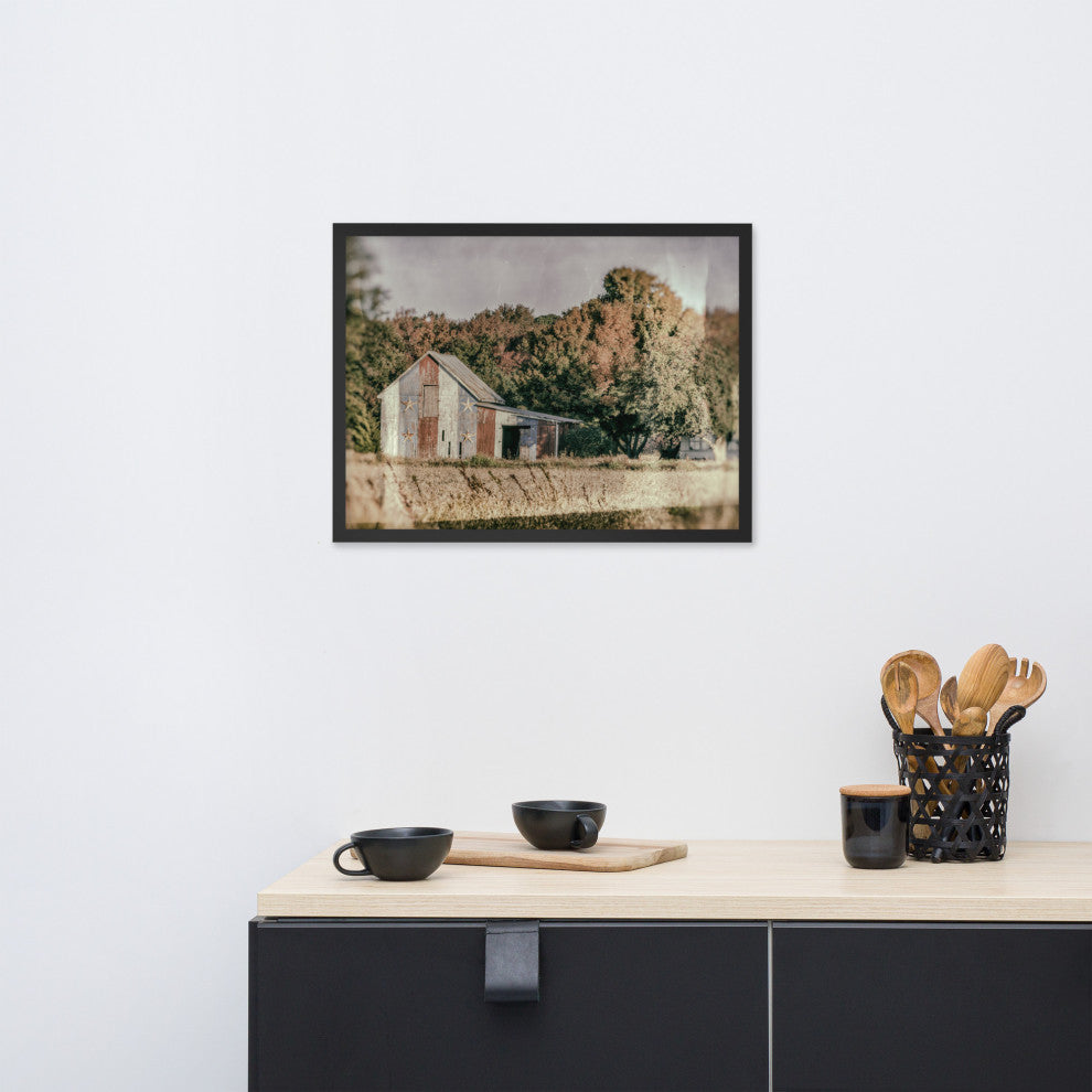 Patriotic Weathered Barn in Field Glass Plate Framed Photo Paper Wall Art Prints, Black, 18" X 24"