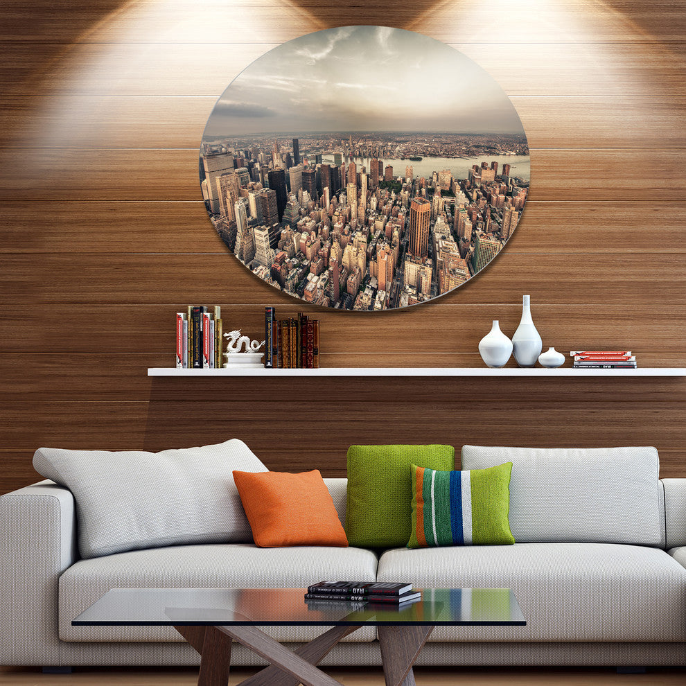 Manhattan Skyscrapers Aerial View, Cityscape Disc Metal Wall Art, 11"