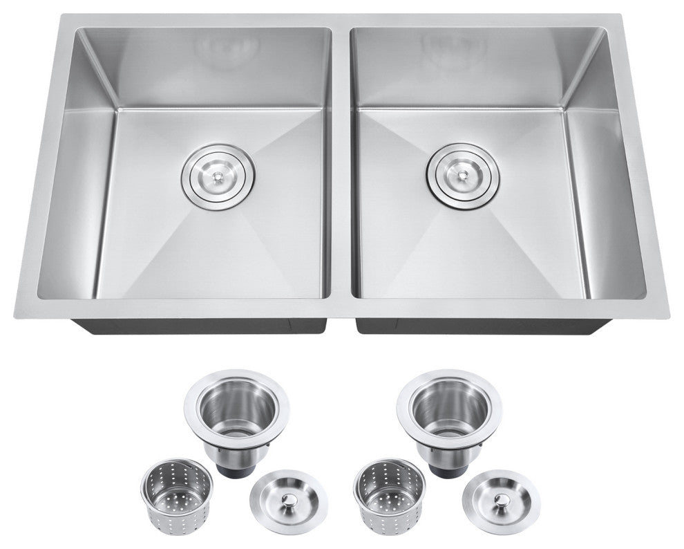 32" Undermount Nano Double Bowl Stainless Steel Kitchen Sink With Drain Assembly