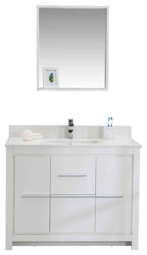 Mila Collection 42" Bathroom Vanity With Sink, Mirror, Countertop, Snow White