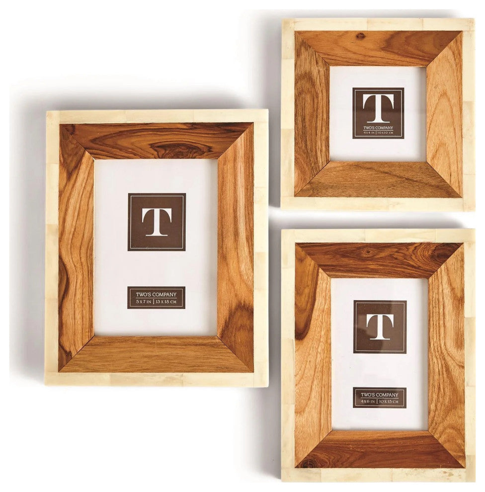 Two's Company Framework Wood and Bone Photo Frame Set, Set of 3