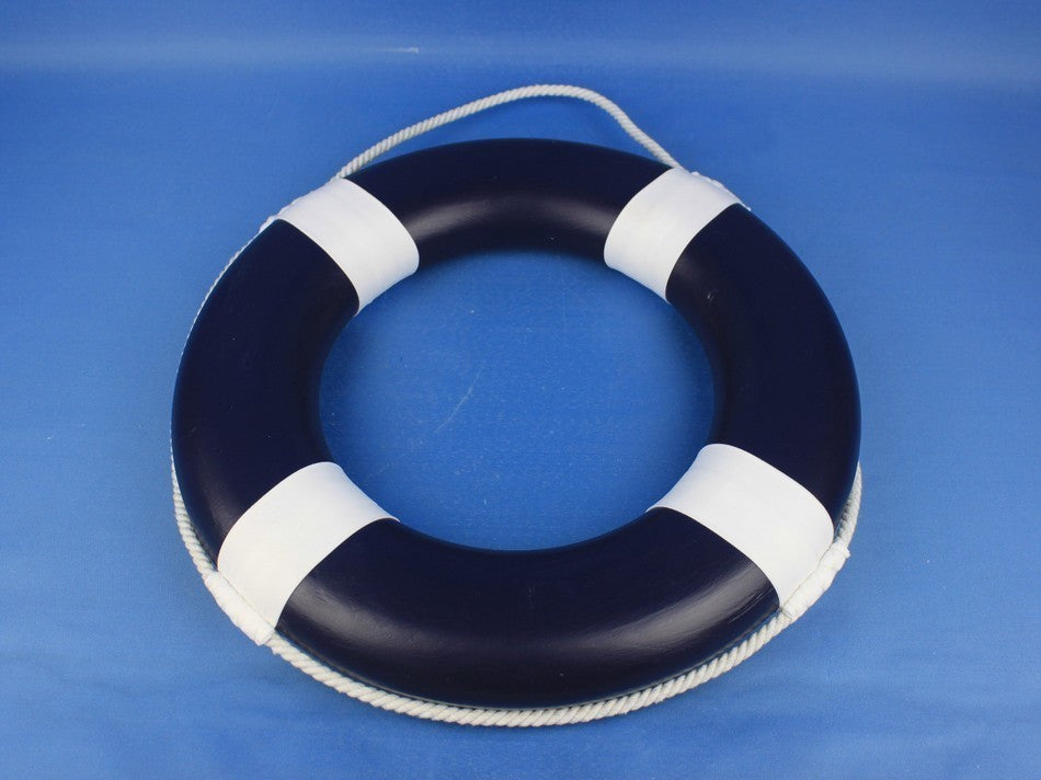 Decorative Lifering, 15", Dark Blue Painted With White Bands