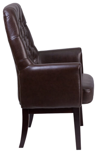 High Back Traditional Tufted Brown Leather Side Reception Chair