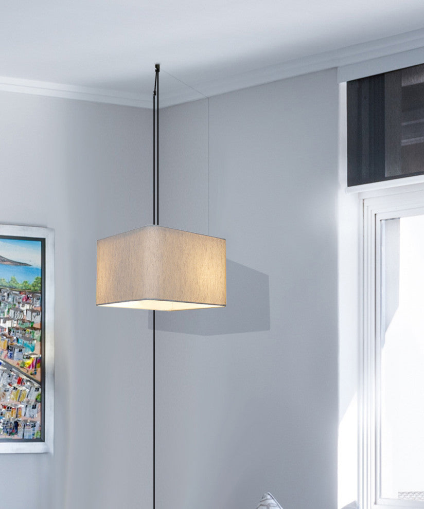 1 Light Swag Plug-In Pendant 14"w Rounded Corner Square Oatmeal Drum Shade, Blac