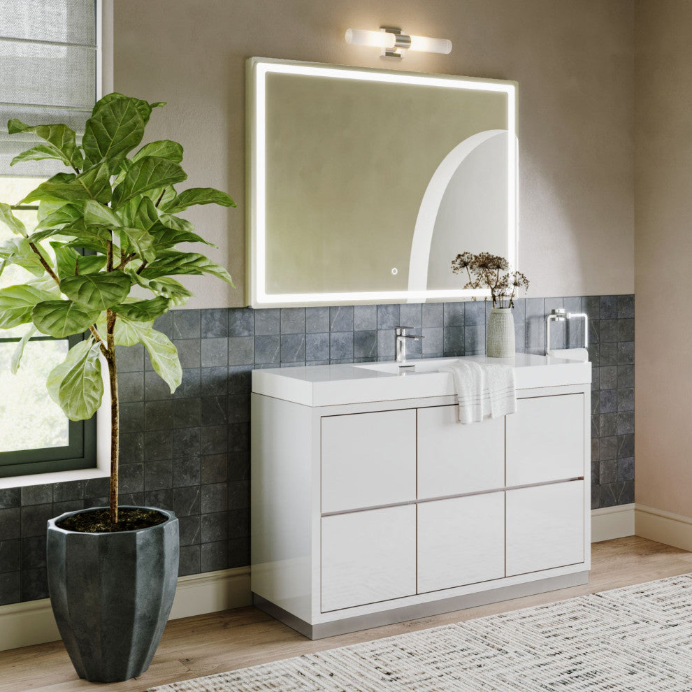 Boutique Bath Vanity, High Gloss White, 48", Single Sink, Freestanding
