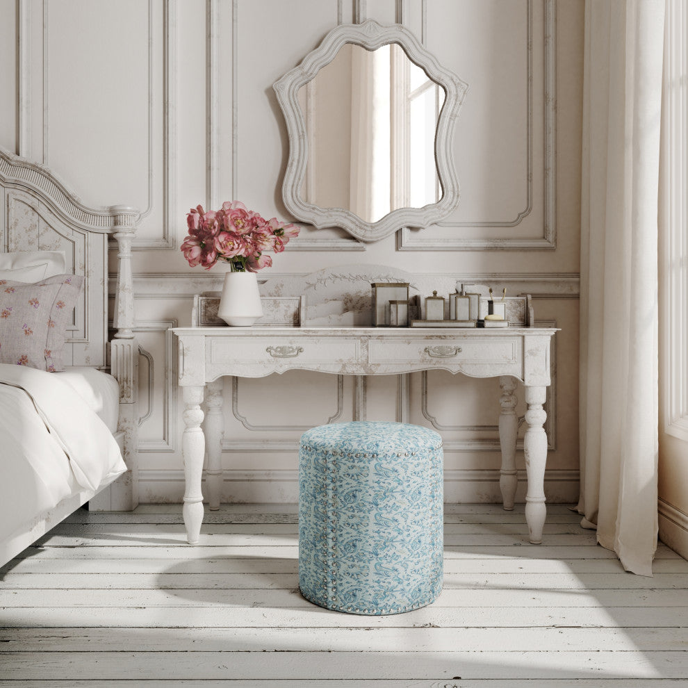 Rustic Manor Brookelynn Ottoman, Upholstered, Linen, Indes Blue Ground