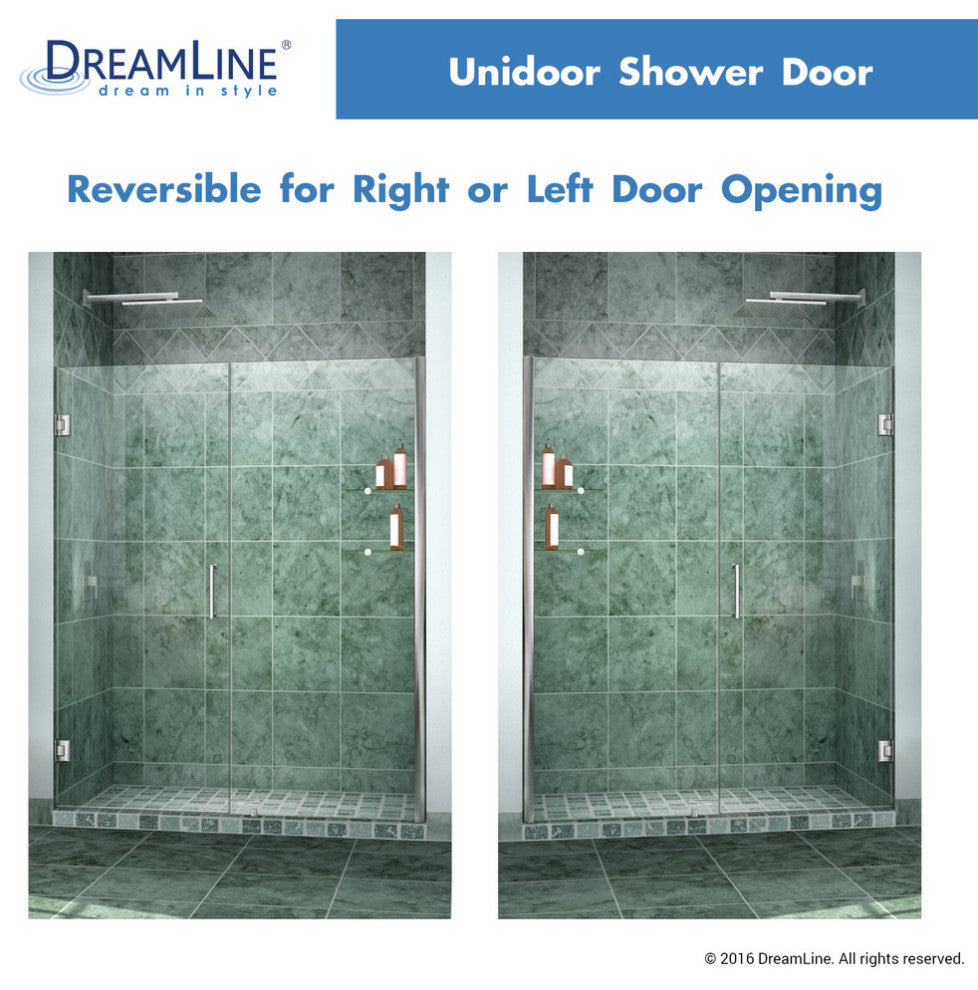 DreamLine Unidoor 53" to 54" Frameless Hinged Shower Door, Clear Glass, Chrome