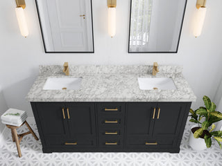 Boston 72" Double Sink Bath Vanity, Wrought Iron 2" Carrara Marble