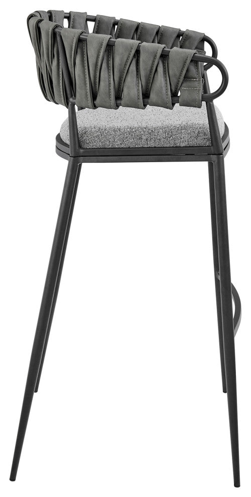 Vigona Bar Stool in Black Metal with Grey Fabric and Faux Leather