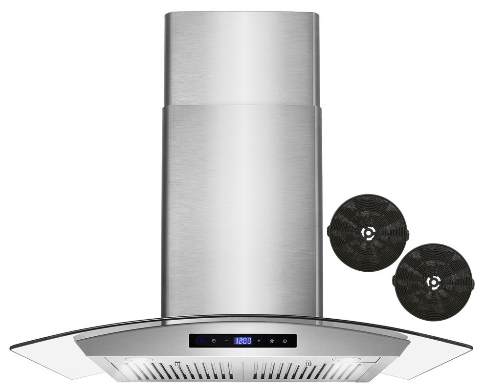 30" Ductless Wall Mount Range Hood, Stainless Steel With Soft Touch Control
