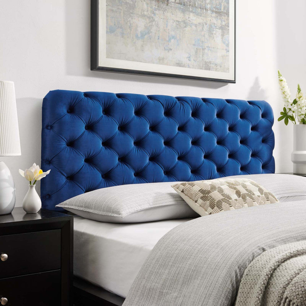 Tufted Headboard, Full Queen Size, Velvet, Blue Navy, Modern Contemporary