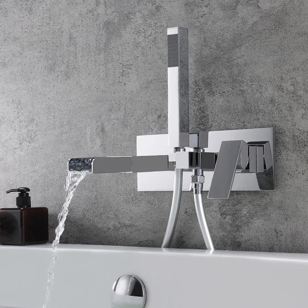 Modern Waterfall Wall-Mount Tub Filler Faucet, Handshower Chrome Solid Brass