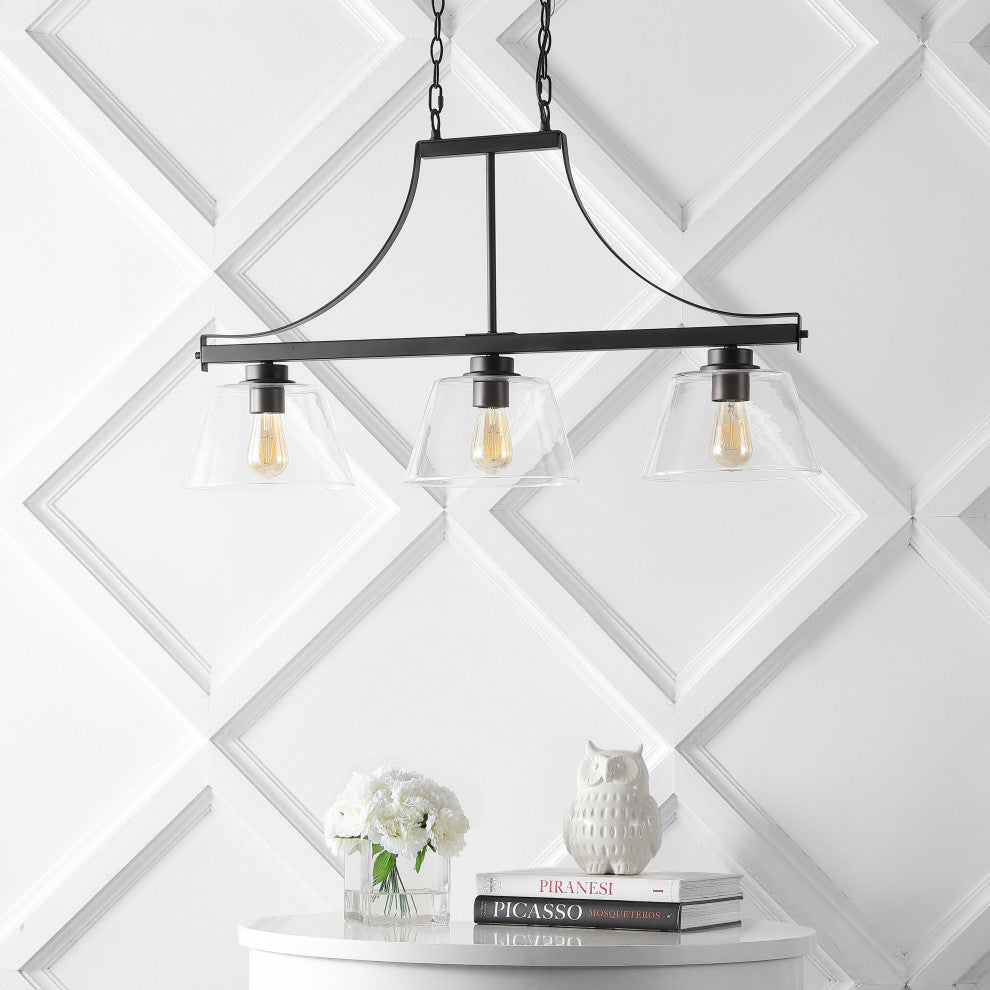 Jayden 36" 3-Light Industrial Farmhouse Iron/Glass Linear Pendant Bronze/Clear