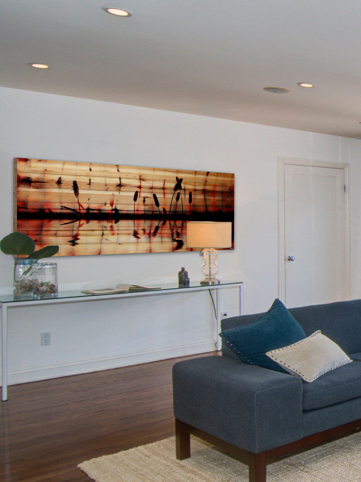 "Panoramic Reflection" Painting Print on Natural Pine Wood, 60"x20"