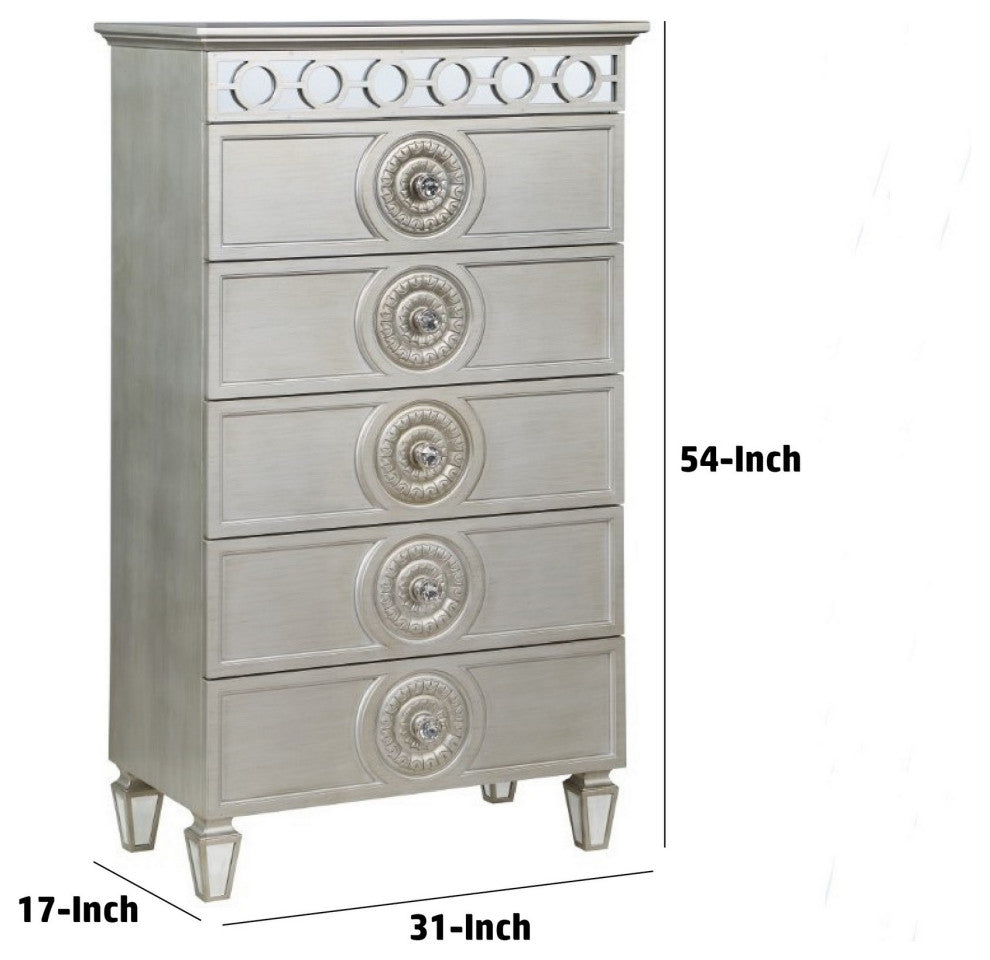 Benzara BM275684 Modern Tall Dresser Chest With 5 Drawers, Round Knobs, Silver