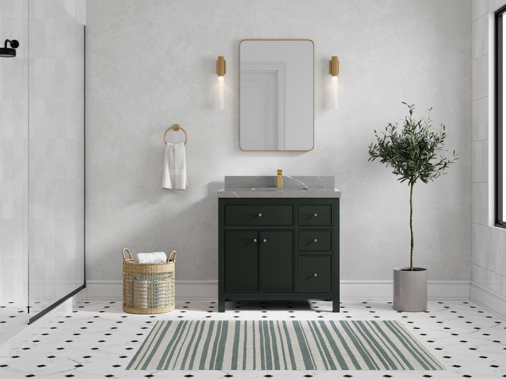 Sonoma 36 Center Sink Reeded Bath Vanity in Dark Forest Green 2" Piatra Gray