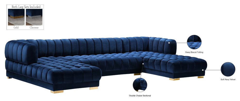 Gwen Biscuit Tufted Velvet Upholstered 3 Piece Sectional, Navy